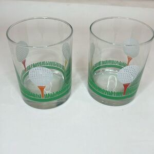 19th Hole Golf On The Rocks Glasses 3 1/4 In Round 12 Oz Set 2 Balls Green Tee